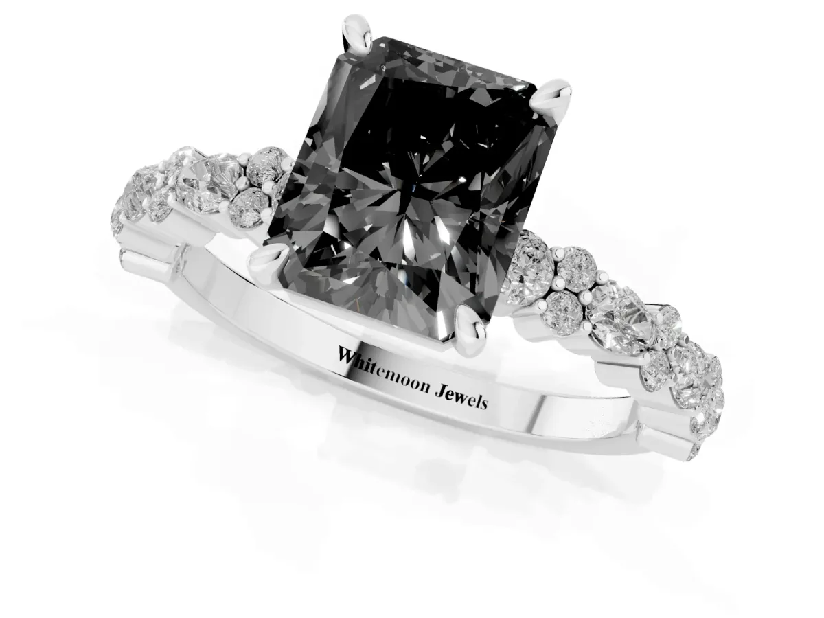 Fancy Black Radiant Cut Diamond Side Stone Solitaire Ring with Round and Four-Prong Setting Platinum