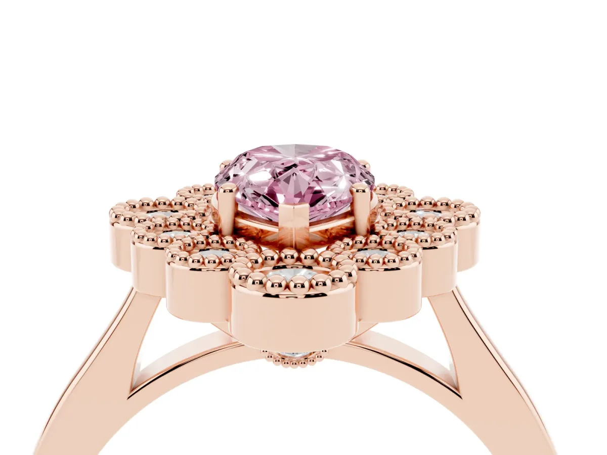 Fancy Pink Pear Cut Halo Diamond Cluster Engagement Ring with Milgrain Bezel Setting and Solitaire Band Rose gold