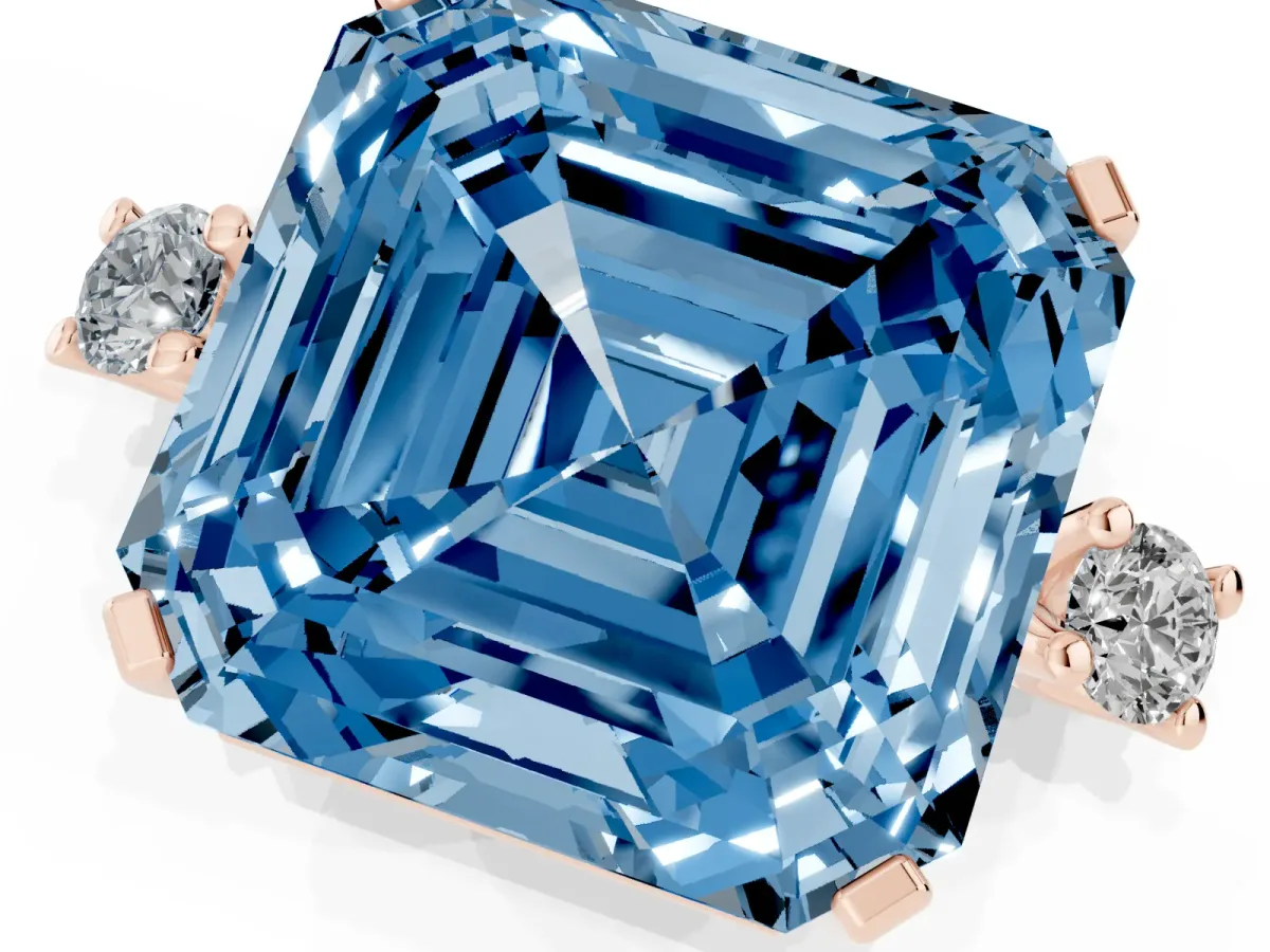 Fancy Blue Asscher Cut Cut Three-Stone Solitaire Ring with Round Accent Diamonds and Four-Prong Setting Rose gold