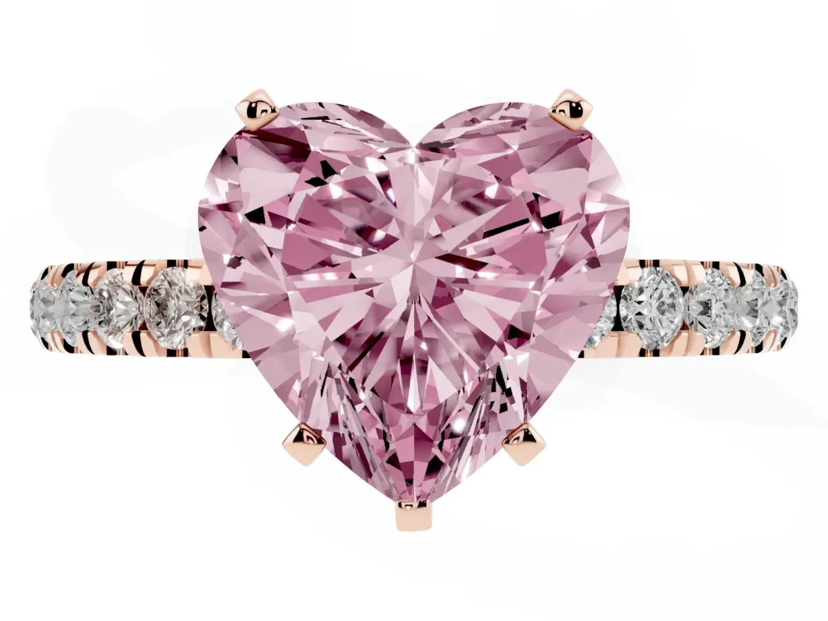 Fancy Pink Heart Cut Diamond Solitaire Ring with Pavé Accents and Four-Prong Setting Rose gold