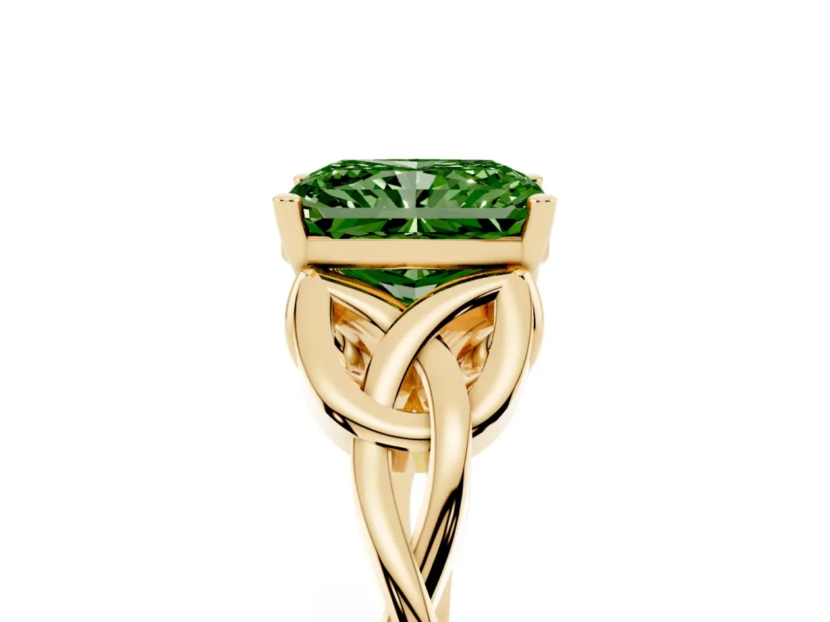 Fancy Green Radiant Cut Diamond Solitaire Engagement Ring with Celtic Knot Band and Four-Prong Setting Yellow gold