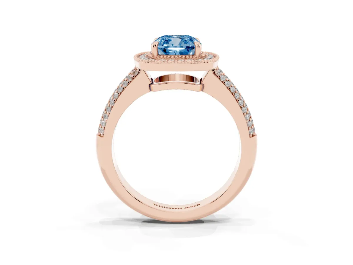 Fancy Blue Cushion Cut Cut Halo Diamond Pave Band with Four-Prong Setting Rose gold