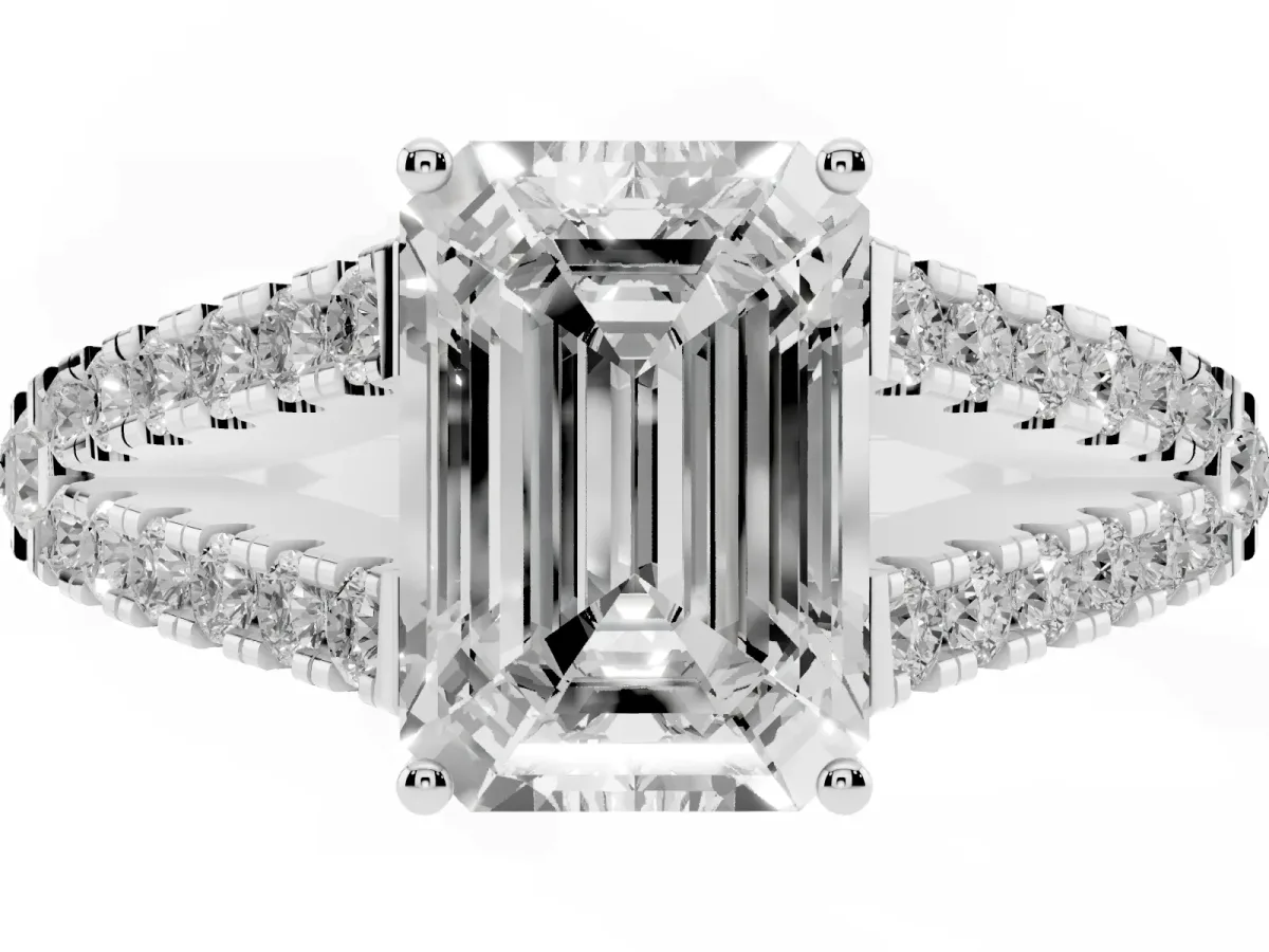 Emerald Cut Diamond Split Shank Engagement Ring with Round Pavé and Prong Setting Platinum