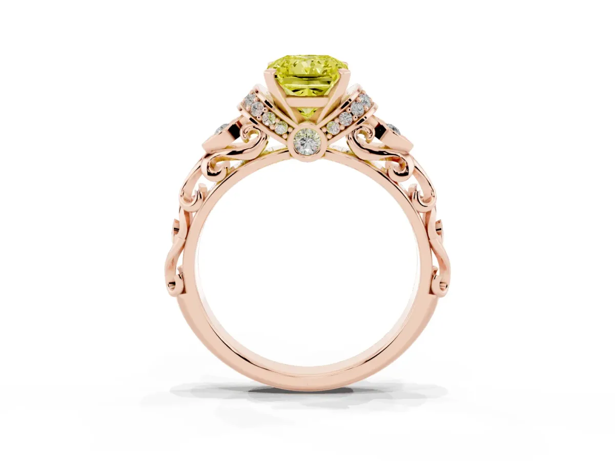 Fancy Yellow Radiant Cut Diamond Solitaire Ring with Filigree Band and Four-Prong Setting Rose gold