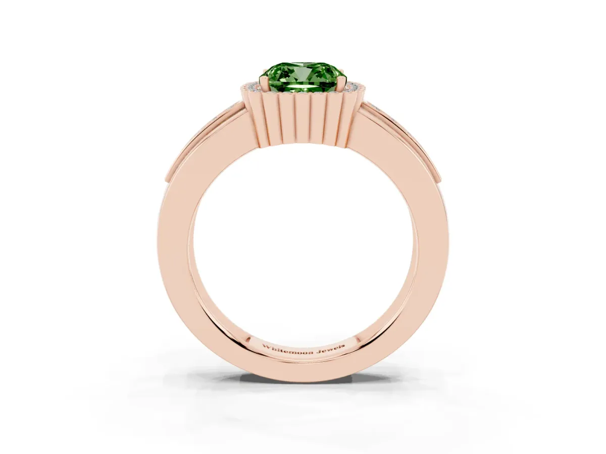 Fancy Green Cushion Cut Cut Halo Pave Band Four-Prong Ring Rose gold