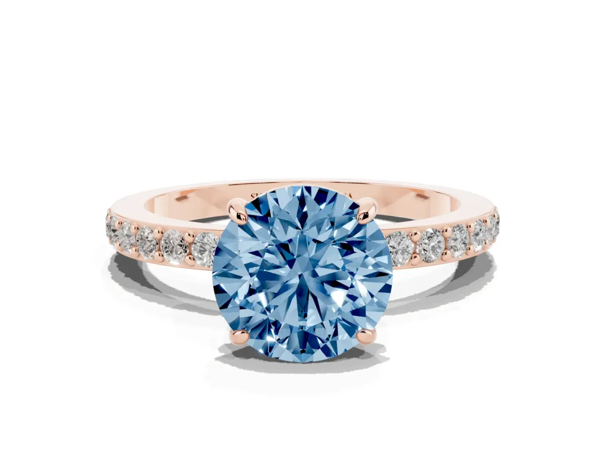 Fancy Blue Round Cut Diamond Pavé Engagement Ring with Round Accents and Prong Setting Rose gold