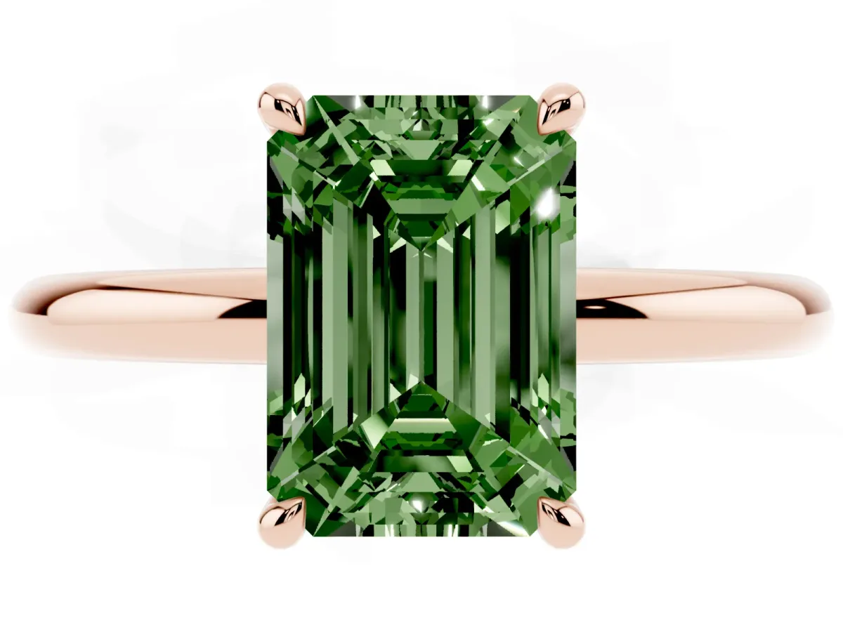 Fancy Green Emerald Cut Diamond Solitaire Ring with Thin Band and Four-Prong Setting Rose gold