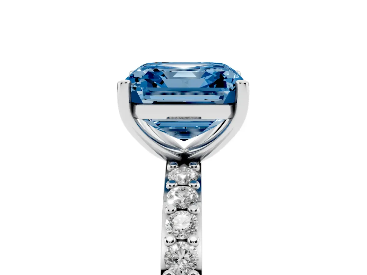 Fancy Blue Asscher Cut Cut Diamond Solitaire with Pave Band and Four-Prong Setting Silver
