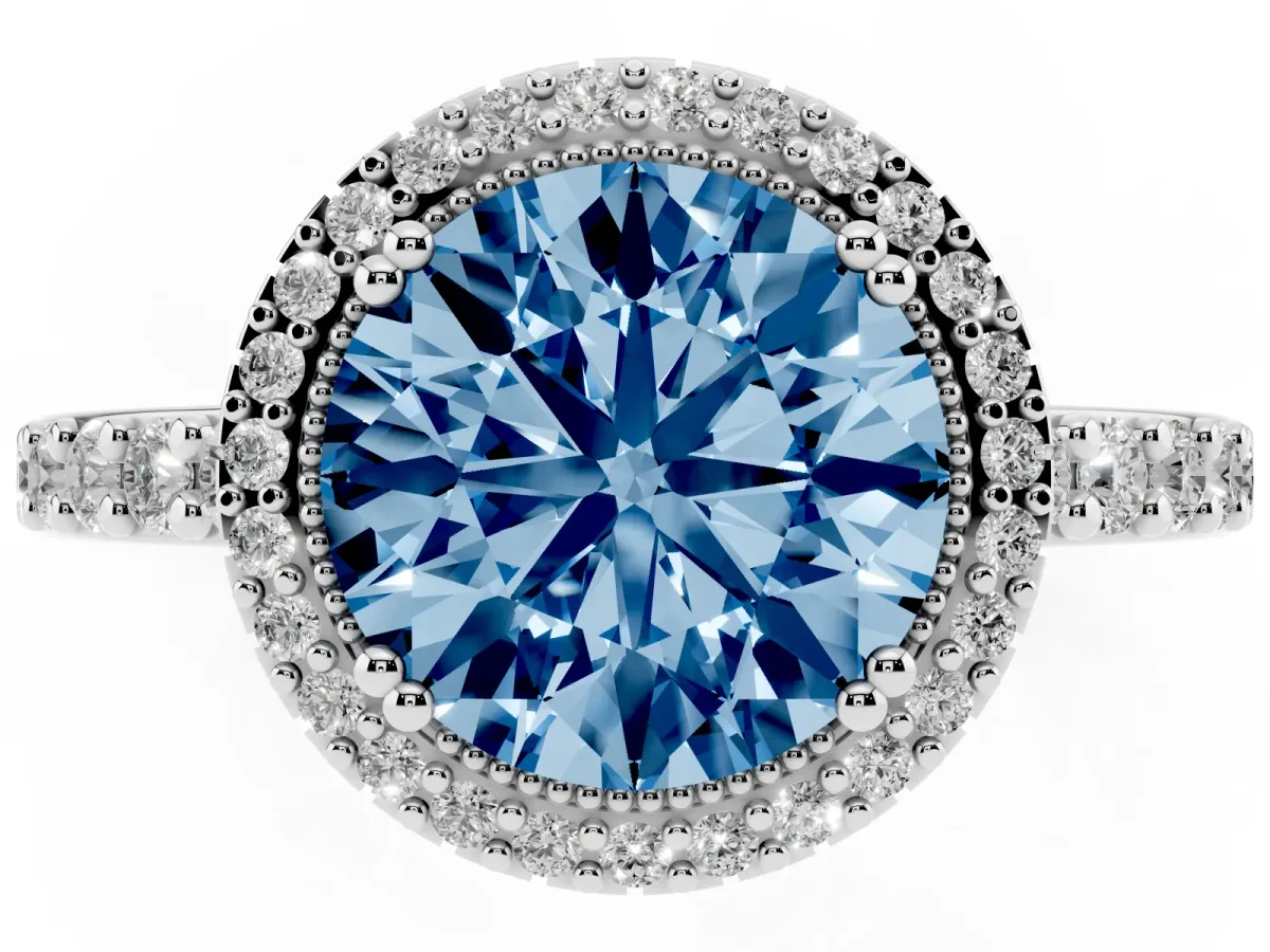 Fancy Blue Round Cut Cut Diamond Halo Engagement Ring with Milgrain Detail and Pavé Band Silver
