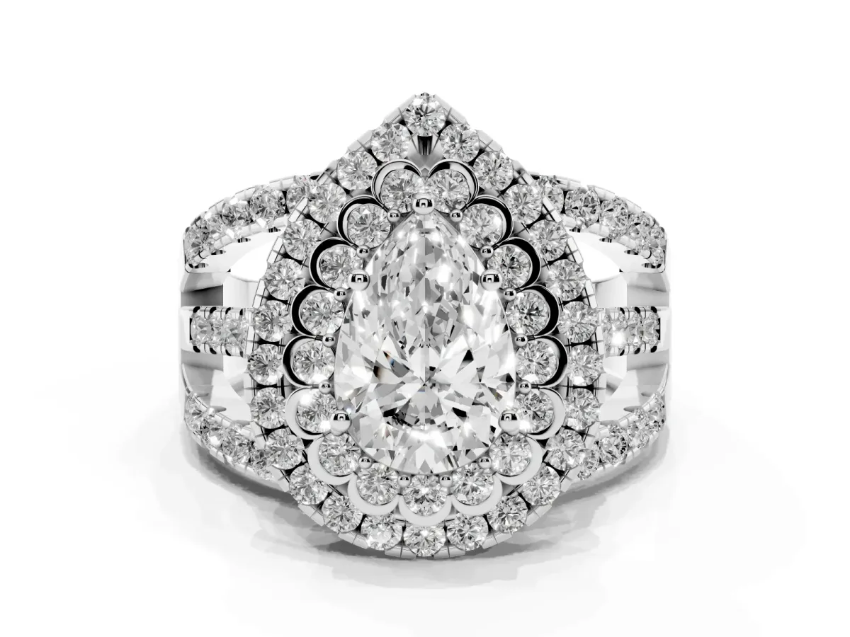 Pear Cut Diamond Double Halo Ring with Round Pavé Split Shank and Prong Setting Silver