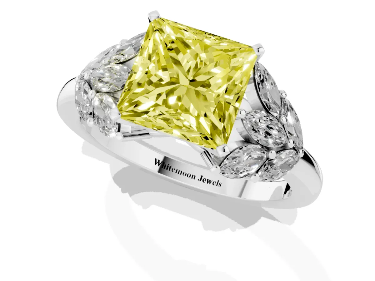 Fancy Yellow Princess Cut Diamond Cluster Leaf Design Ring with Prong Setting Silver