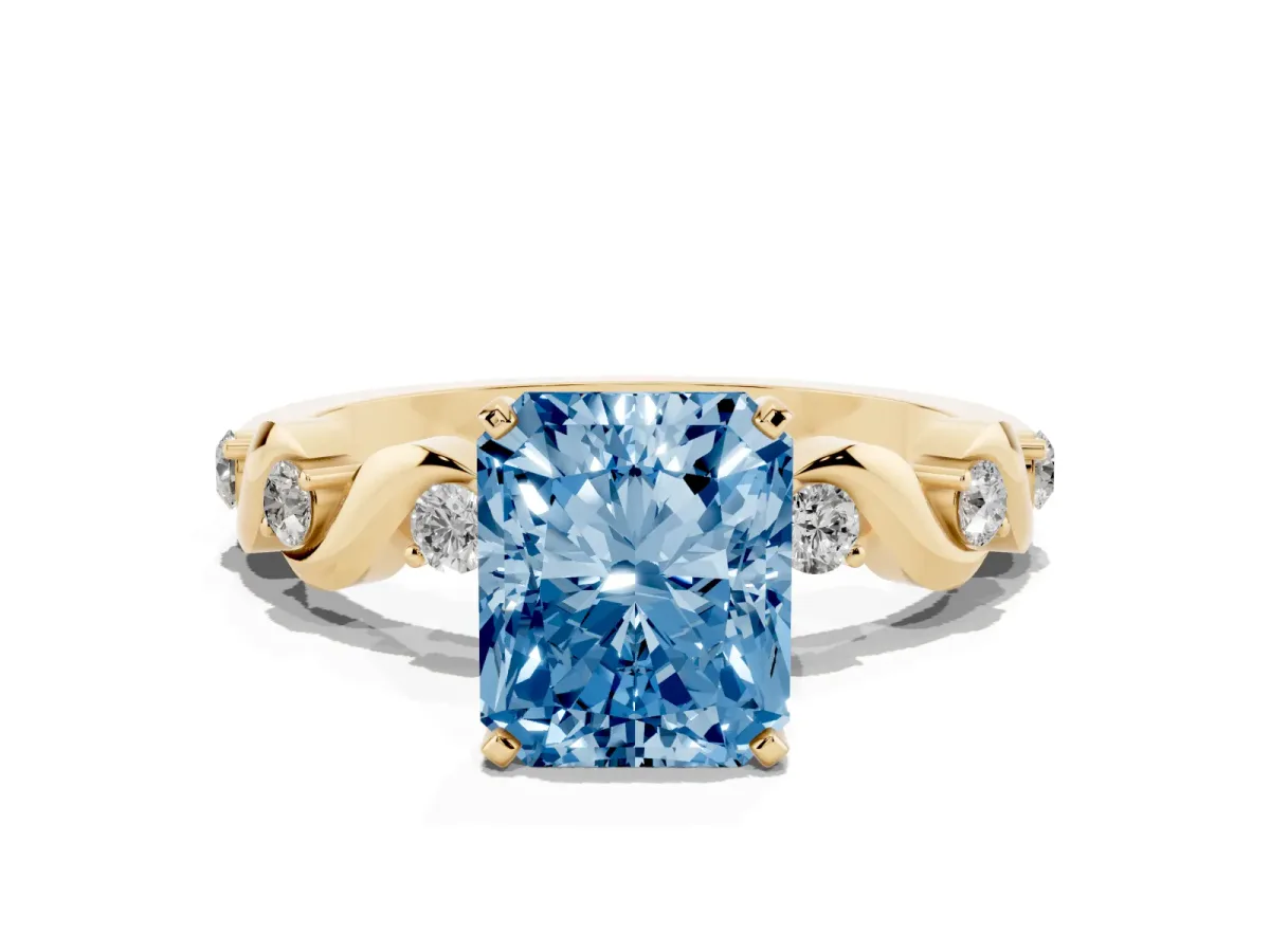 Fancy Blue Radiant Cut Diamond Solitaire Twisted Band with Round Accents and Prong Setting Yellow gold