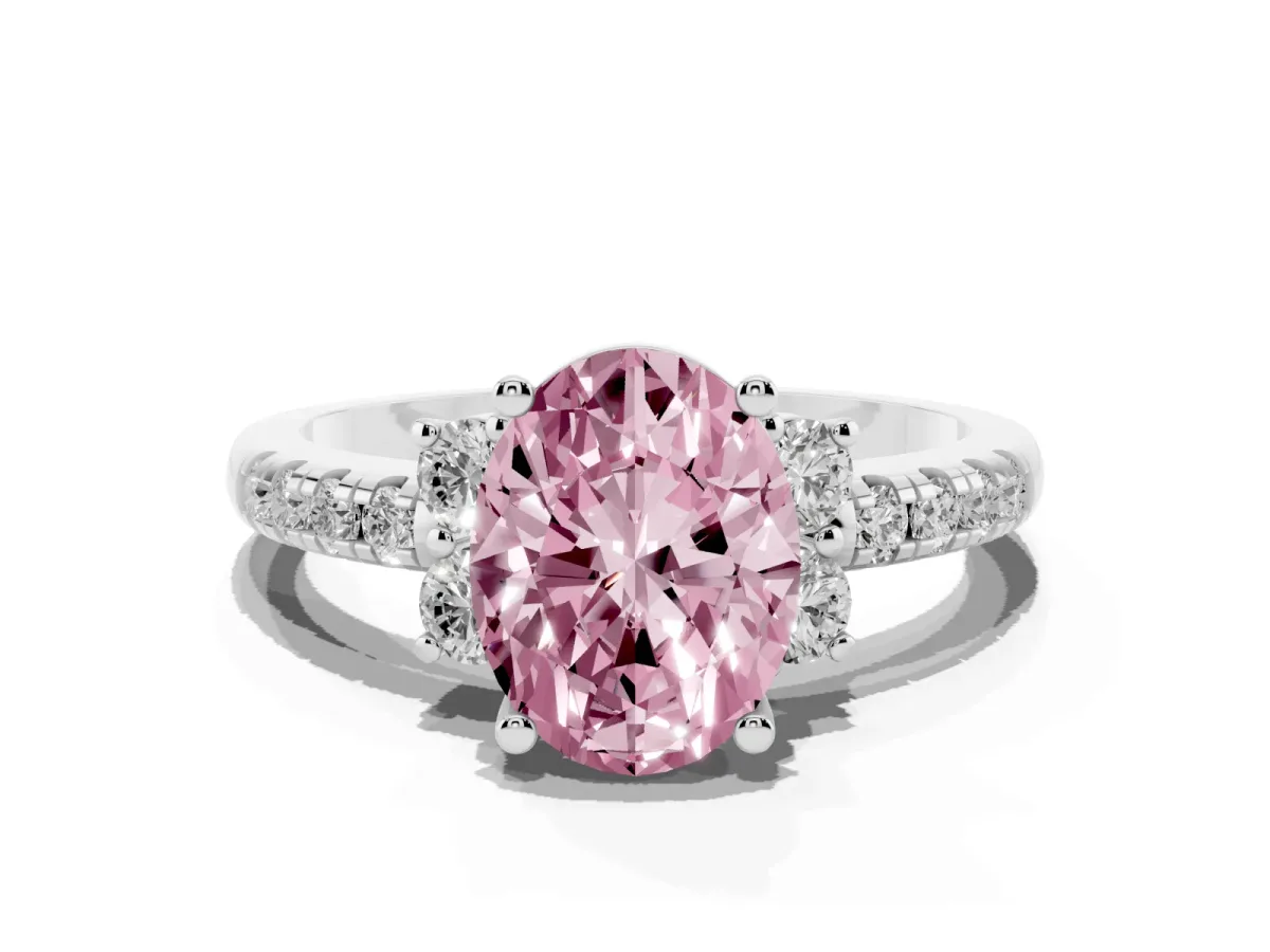 Fancy Pink Oval Cut Diamond Three-Stone Pave Band with Four-Prong Setting Silver