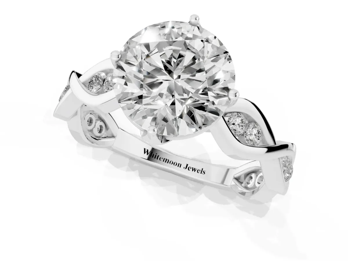 Round Cut Solitaire Twist Band with Leaf Prong Setting Silver