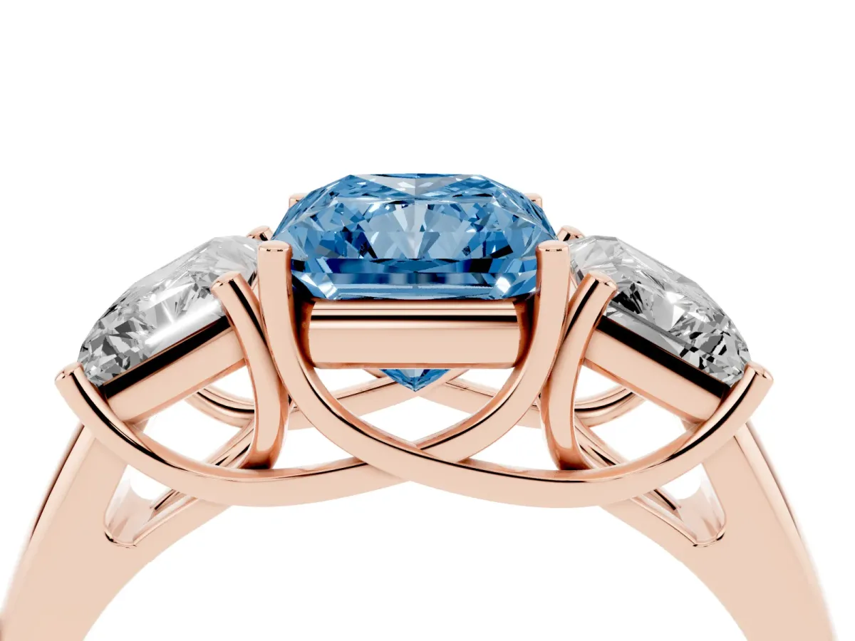 Fancy Blue Three-Stone Radiant Cut Diamond Engagement Ring with Prong Setting Rose gold