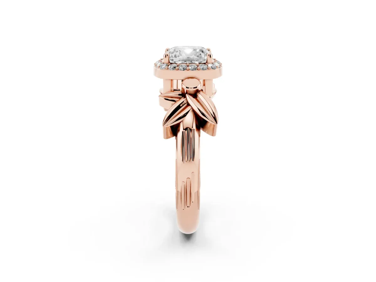 Cushion Cut Halo Diamond Floral Band with Four-Prong Setting Rose gold
