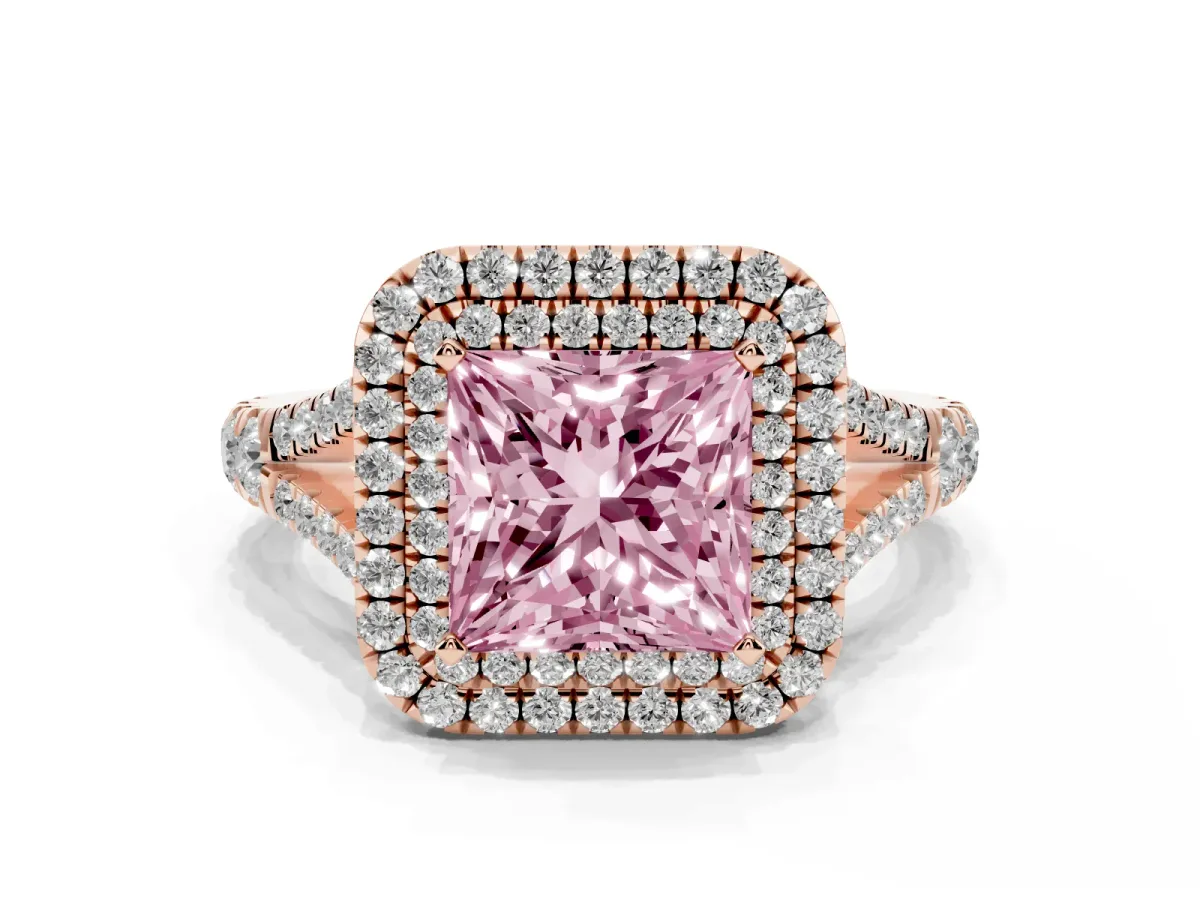 Fancy Pink Double Halo Princess Cut Diamond Split Shank Engagement Ring with Four-Prong Setting Rose gold