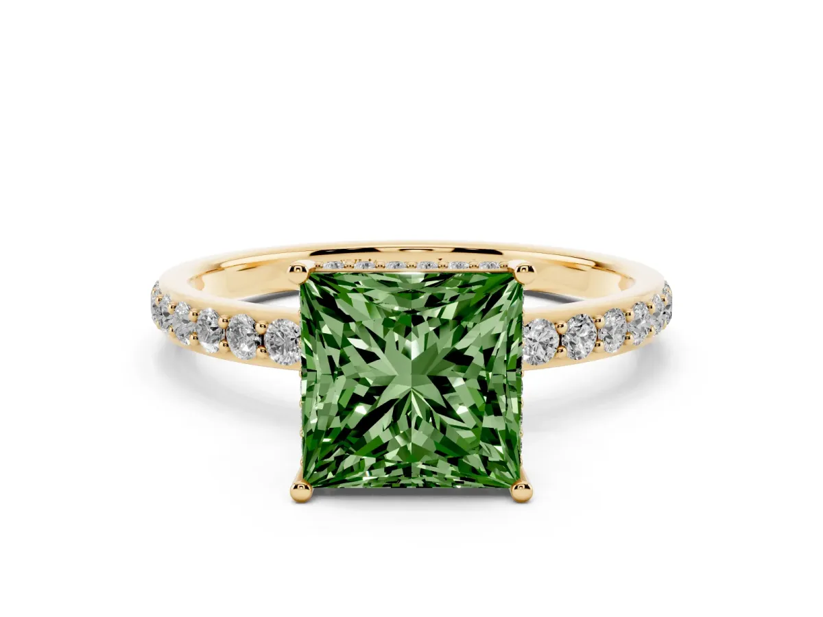 Fancy Green Princess Cut Diamond Solitaire Ring with Pavé Band and Hidden Halo Yellow gold
