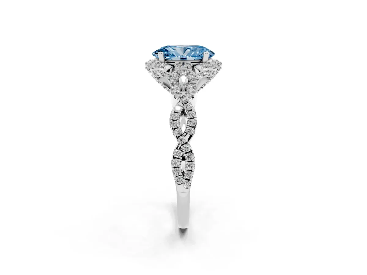 Fancy Blue Oval Cut Halo Twist Band Solitaire Ring with Six-Prong Setting Silver