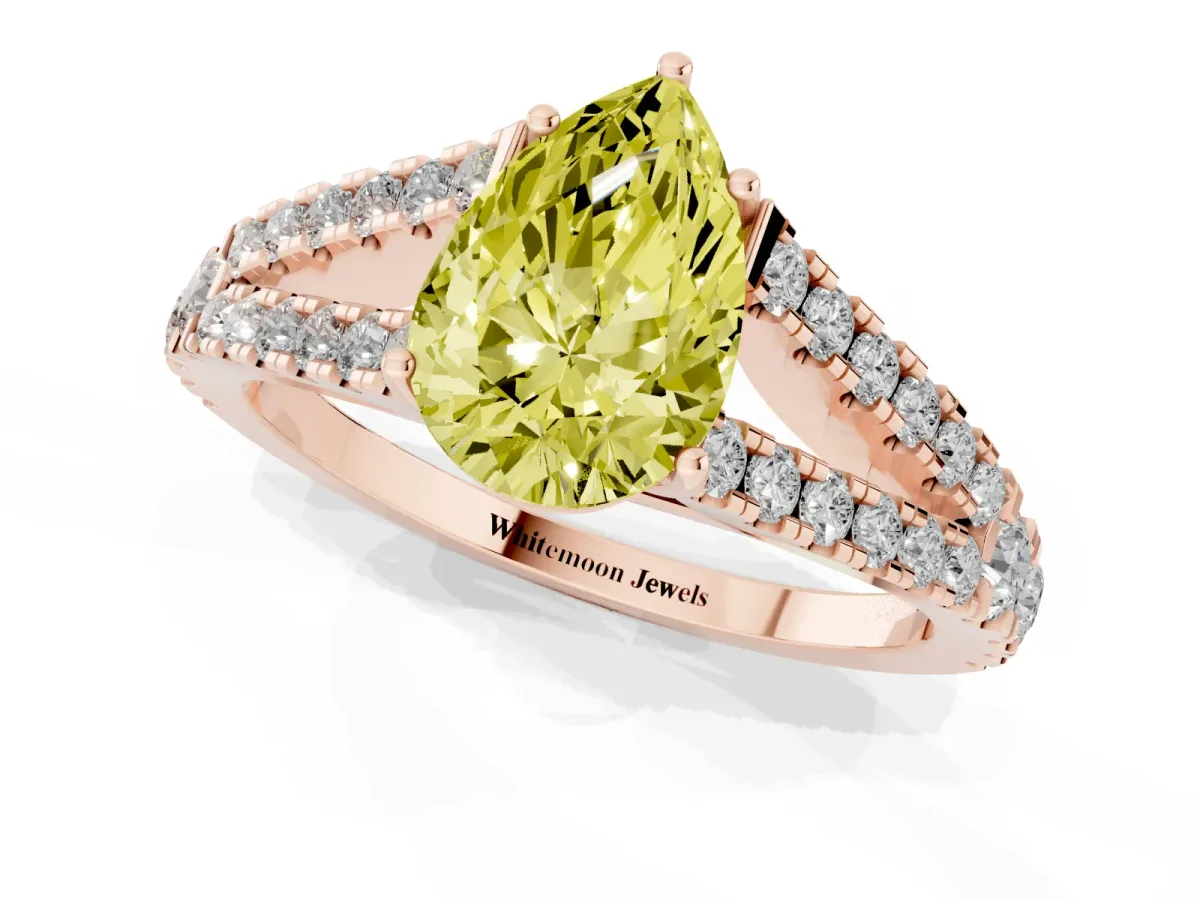 Fancy Yellow Pear Cut Diamond Split Shank Engagement Ring with Round Pavé and Prong Setting Rose gold