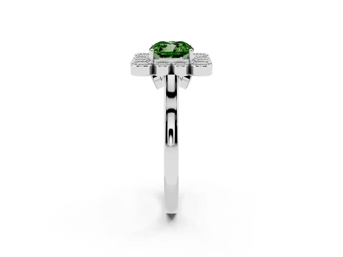 Fancy Green Cushion Cut Halo Diamond Cluster Engagement Ring with Milgrain Bezel Setting and Solitaire Band Platinum