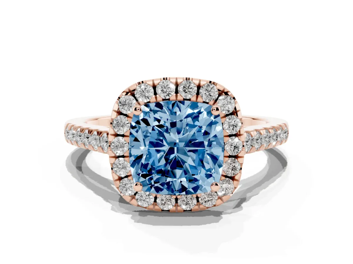 Fancy Blue Cushion Cut Halo Pavé Diamond Engagement Ring with Four-Prong Setting Rose gold