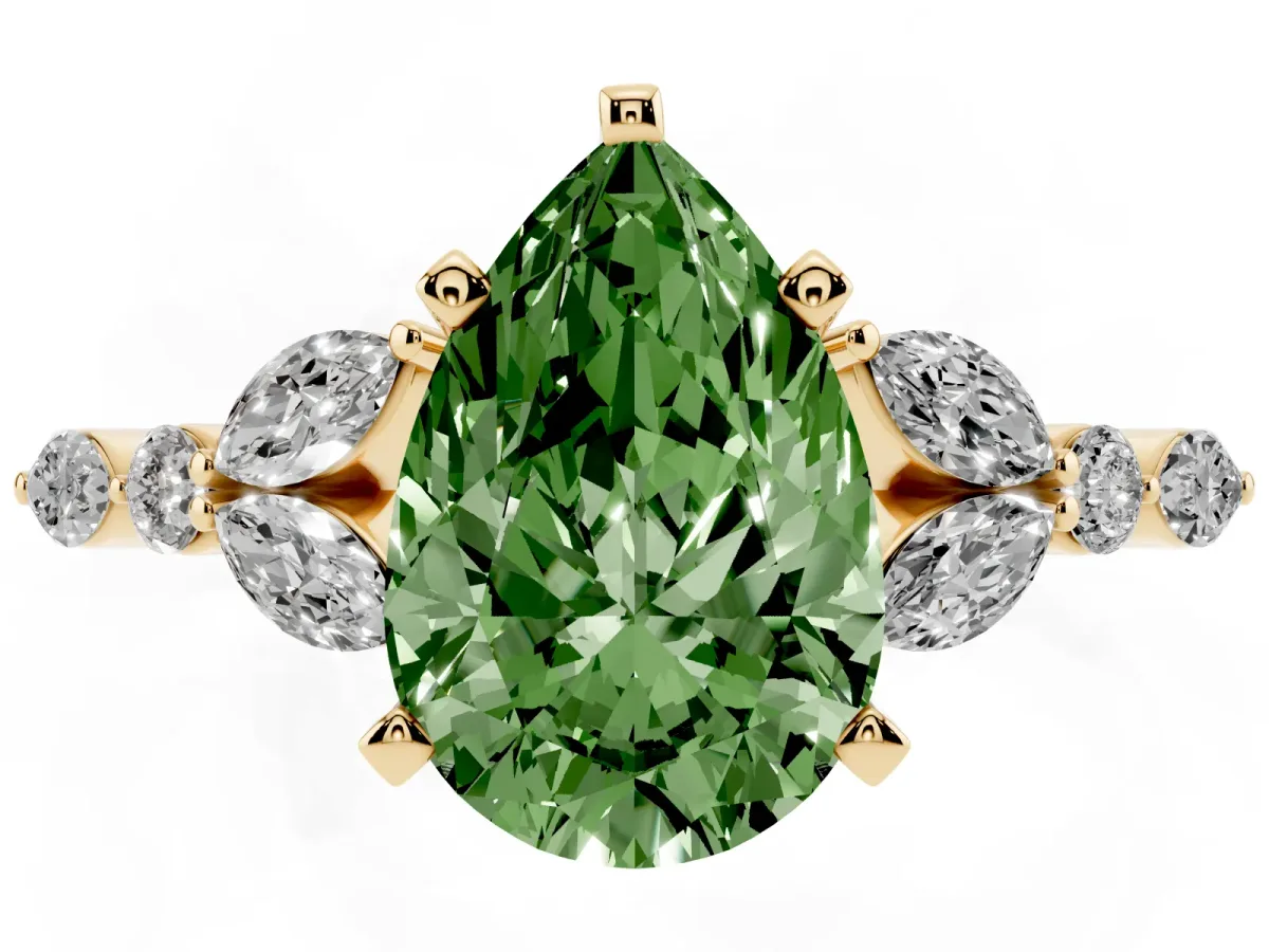 Fancy Green Pear Cut Diamond Solitaire Ring with Side Stones and Four-Prong Setting Yellow gold