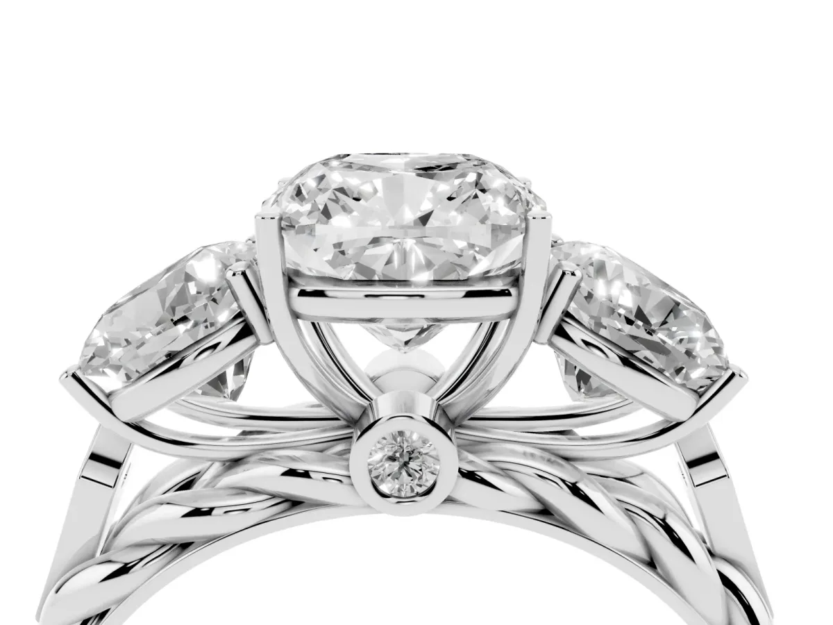 Three-Stone Cushion Cut Diamond Braided Band Ring with Four-Prong Setting Platinum
