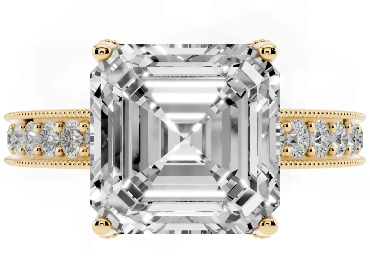 Asscher Cut Cut Diamond Solitaire Ring with Milgrain Pave Band and Four Prong Setting Yellow gold