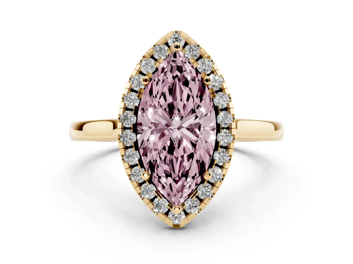 Fancy Pink Marquise Cut Halo Round Diamond Solitaire Ring with Pavé Band and Four-Prong Setting Yellow gold