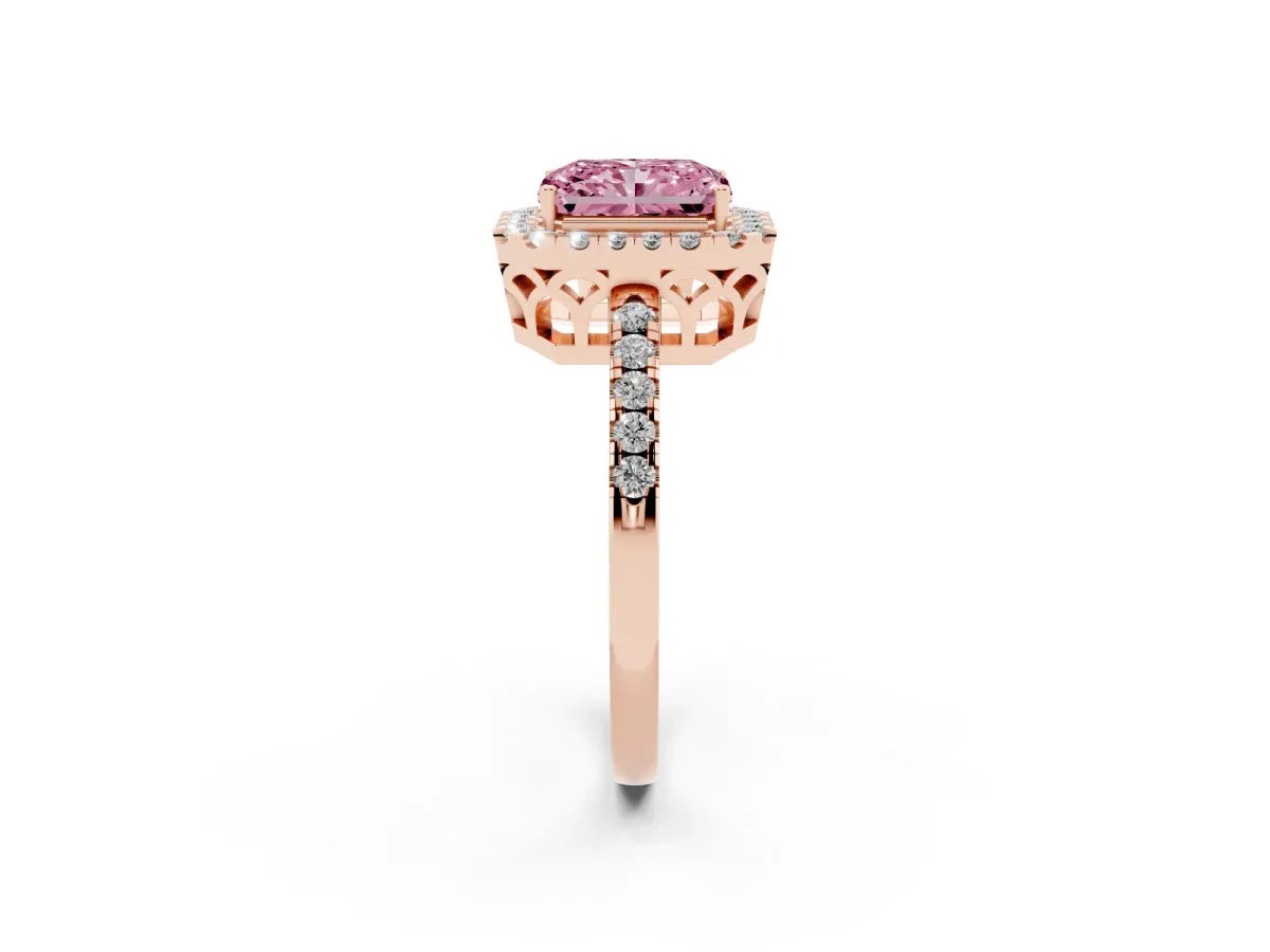 Fancy Pink Radiant Cut Halo Diamond Engagement Ring with Pavé Band and Four-Prong Setting Rose gold
