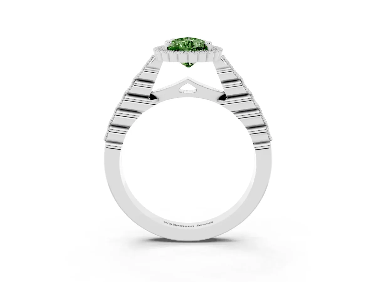 Fancy Green Pear Cut Cut Halo Pavé Solitaire Ring with Milgrain Band Silver