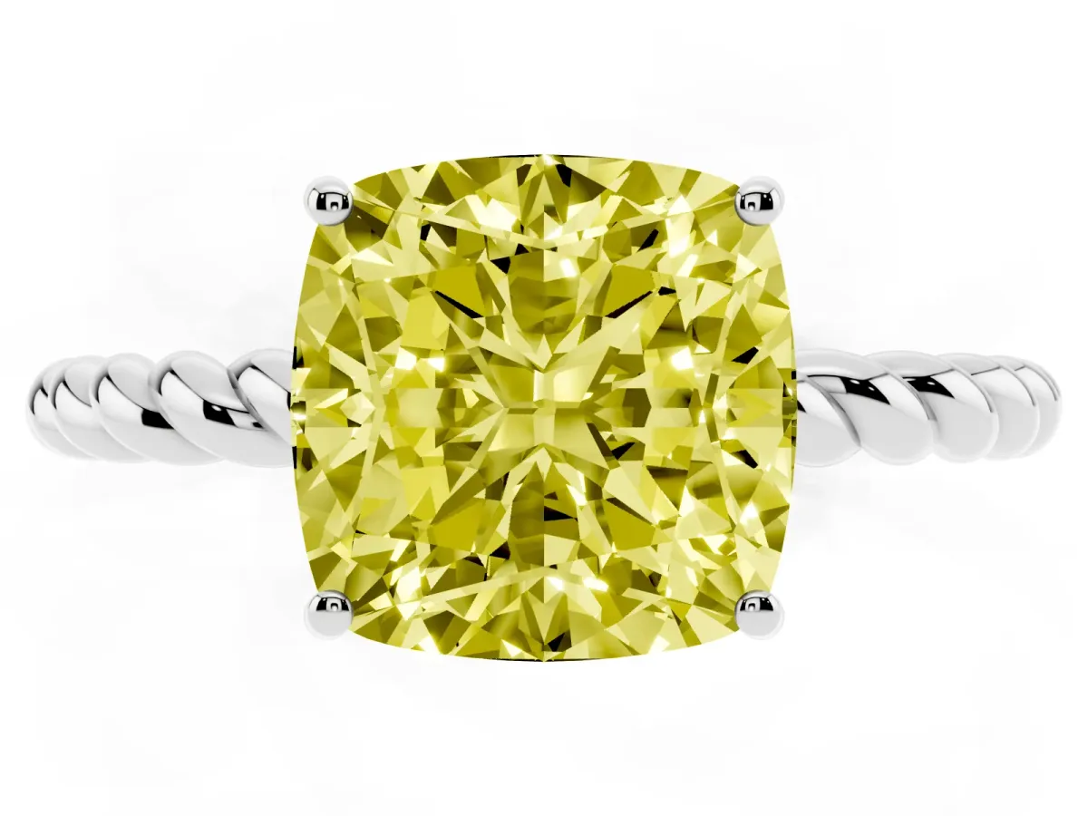 Fancy Yellow Cushion Cut Solitaire Twisted Band 4-Prong Ring Silver