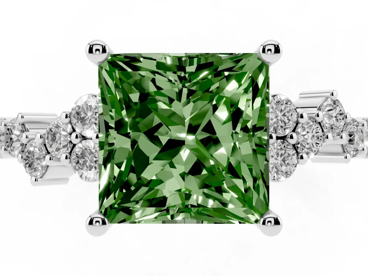Fancy Green Princess Cut Diamond Scattered Round Accent Ring with Prong Setting Silver