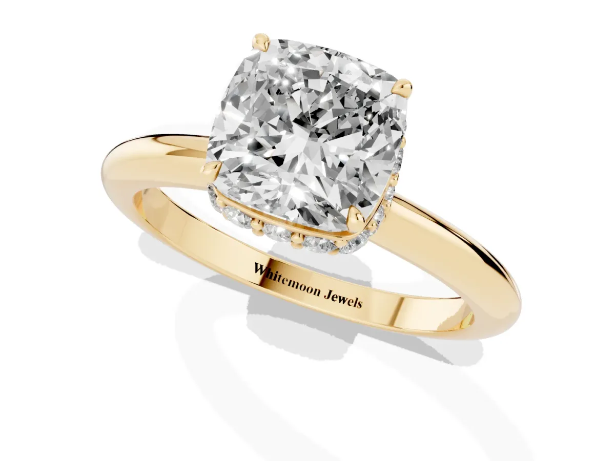 Cushion Cut Brilliant Solitaire Engagement Ring with Six-Prong Setting and Classic Band Yellow gold