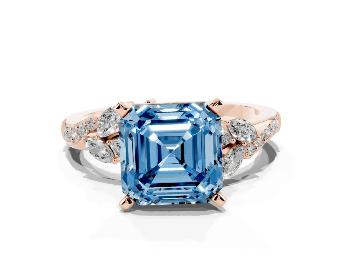 Fancy Blue Asscher Cut Solitaire Marquise Twist Band with Six-Prong Setting Rose gold