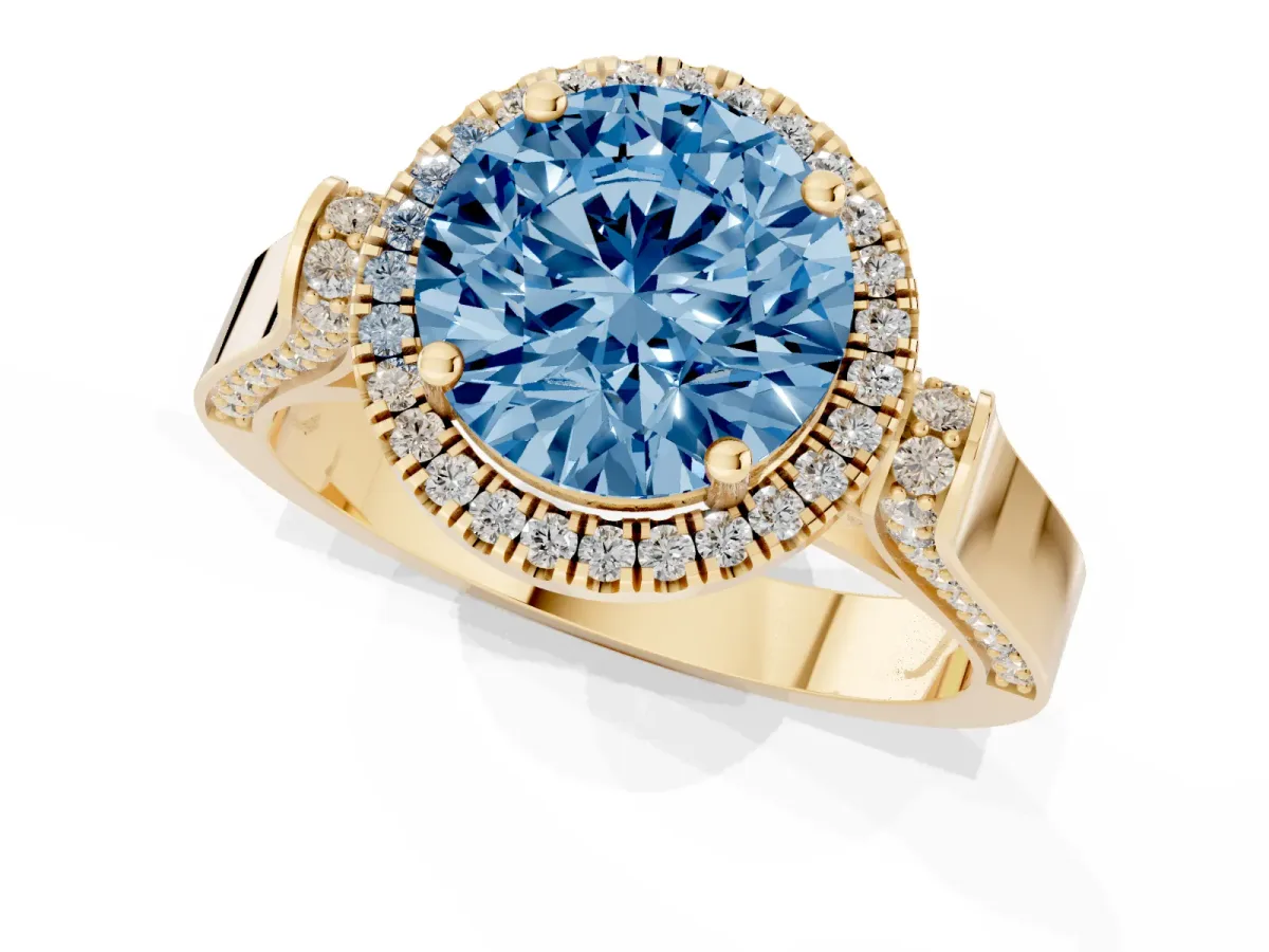 Fancy Blue Round Cut Halo Pave Split Shank Prong Setting Ring Yellow gold