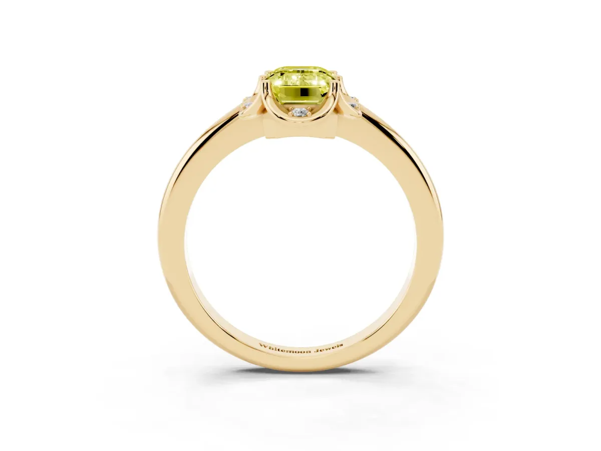 Fancy Yellow Emerald Cut Halo Diamond Ring with Round Cluster Setting, Solitaire Band, and Four-Prong Setting Yellow gold