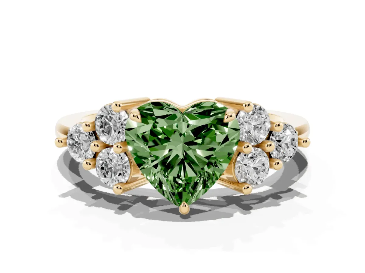 Fancy Green Heart Cut Brilliant Diamond Cluster Accent Solitaire Ring with Prong Setting Yellow gold