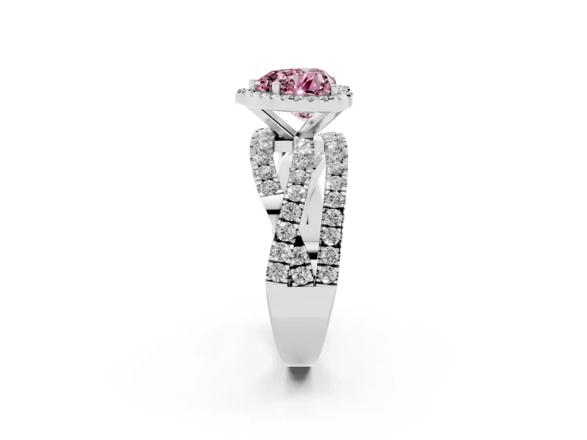Fancy Pink Heart Cut Diamond Halo Ring with Round Split Shank and Prong Setting Platinum