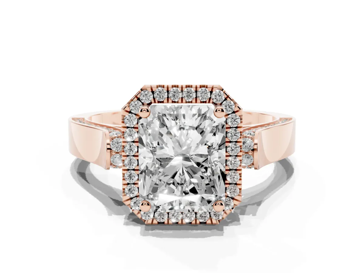 Radiant Cut Halo Round Diamond Twist Band with Four-Prong Setting Rose gold