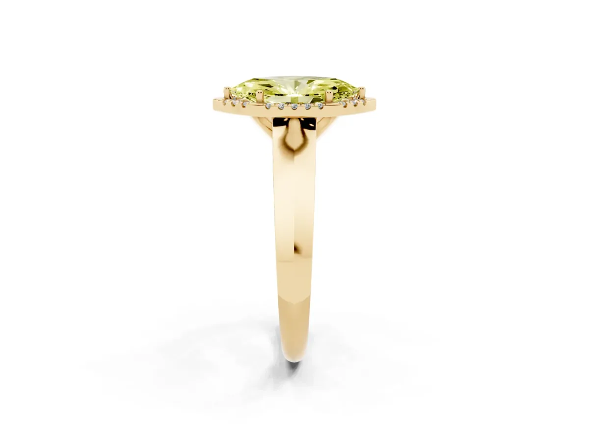 Fancy Yellow Marquise Cut Halo Diamond Ring with Cathedral Band and Four-Prong Setting Yellow gold