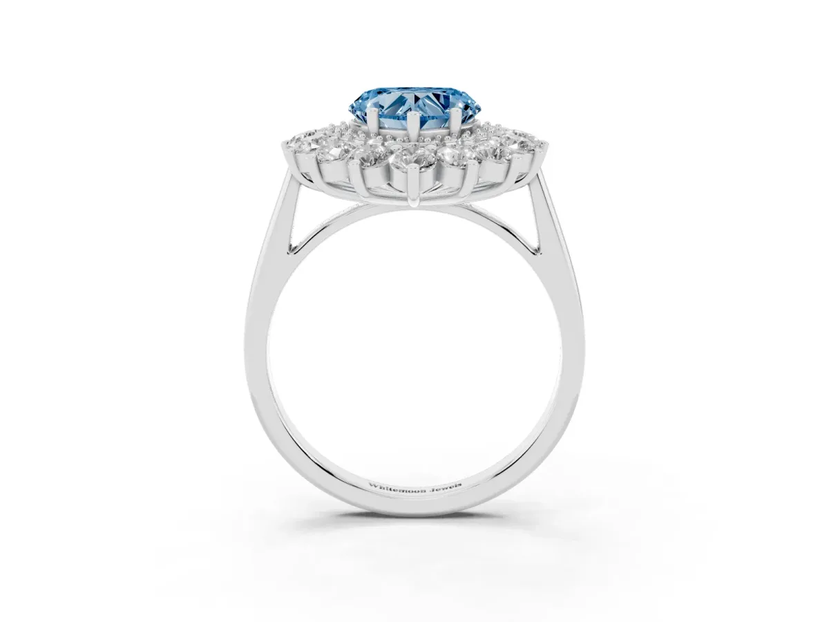 Fancy Blue Heart Cut Diamond Floral Double Halo Engagement Ring with Prong Setting Platinum