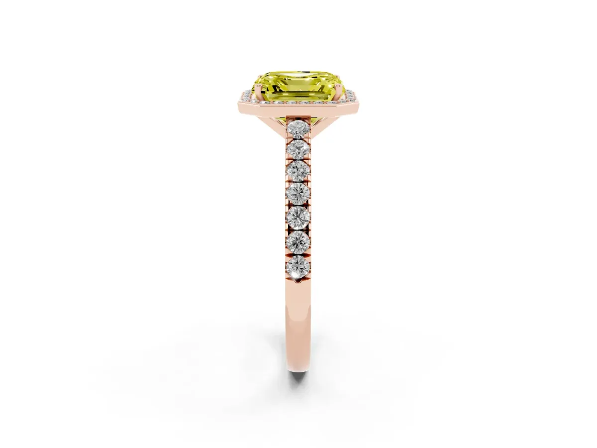 Fancy Yellow Asscher Cut Cut Halo Diamond Engagement Ring with Pave Band and Four-Prong Setting Rose gold