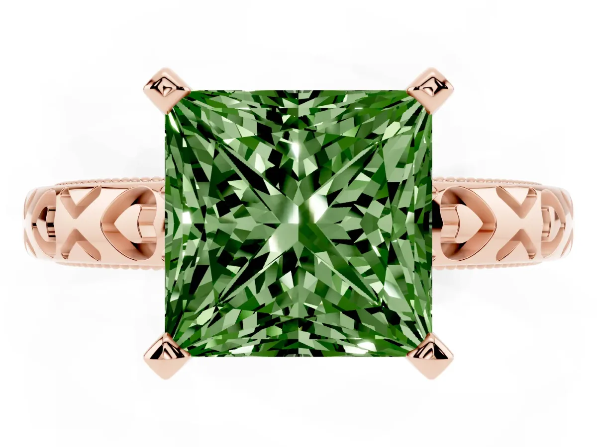 Fancy Green Princess Cut Solitaire Diamond Engagement Ring with XO Engraved Band and Four-Prong Setting Rose gold