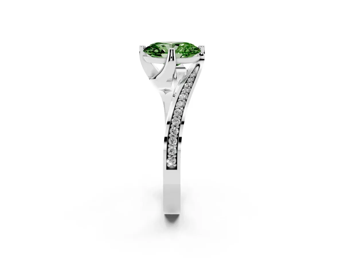 Fancy Green Oval Cut Solitaire Diamond Twist Band with Pavé Setting and Four-Prong Setting Silver