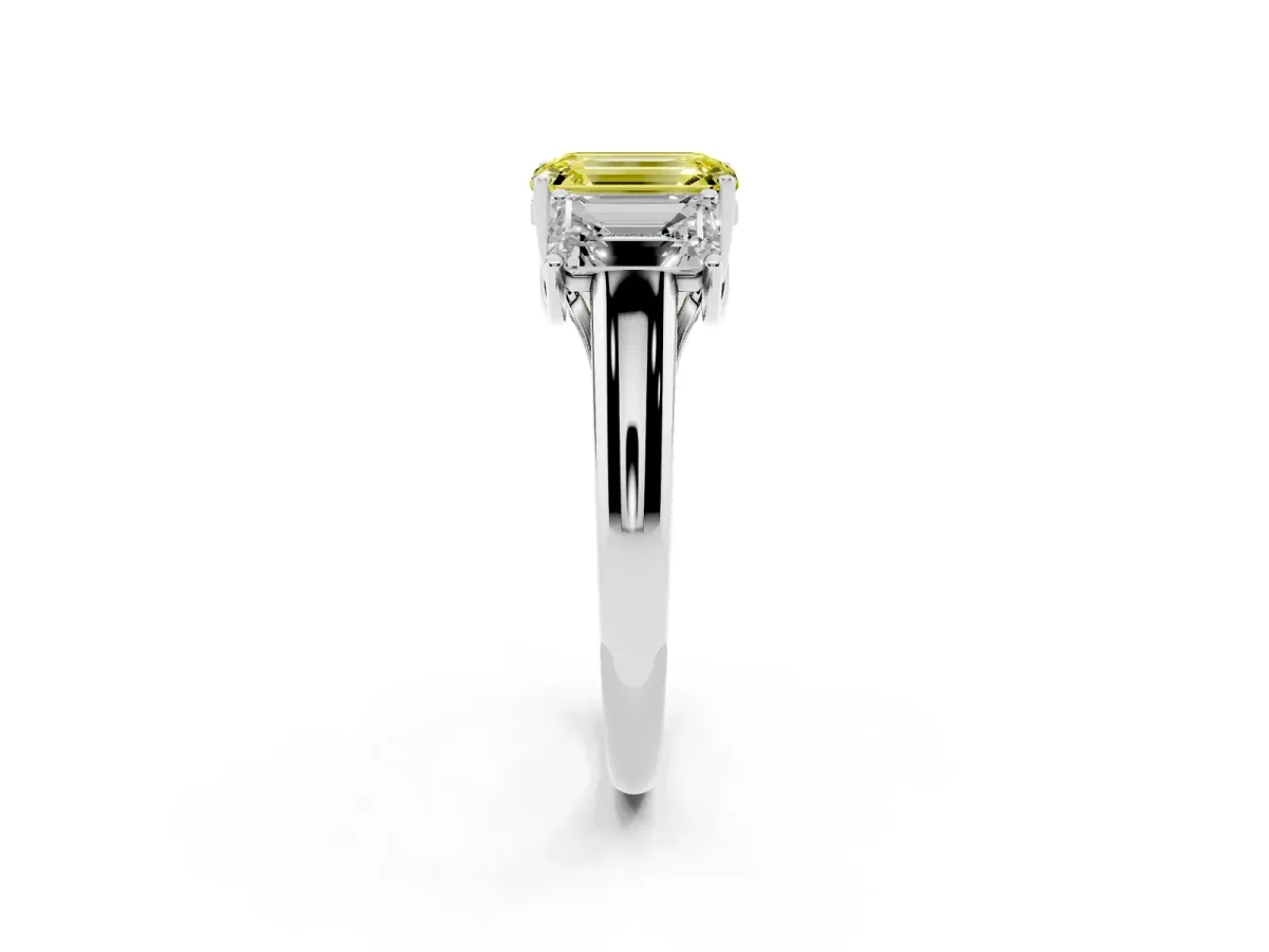 Fancy Yellow Three-Stone Emerald Cut Diamond Engagement Ring with Prong Setting White gold