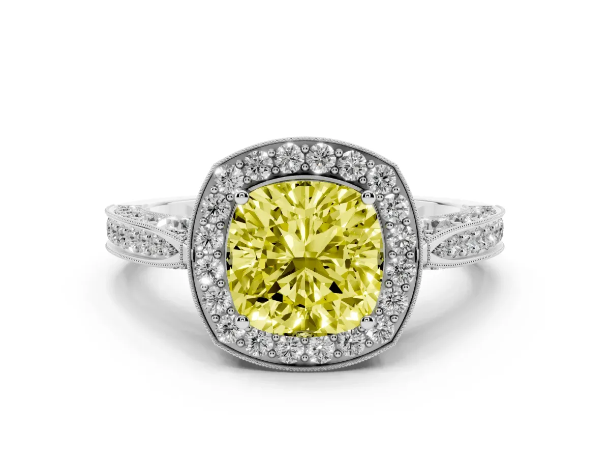 Fancy Yellow Cushion Cut Halo Diamond Engagement Ring with Split Shank Band and Four-Prong Setting Platinum