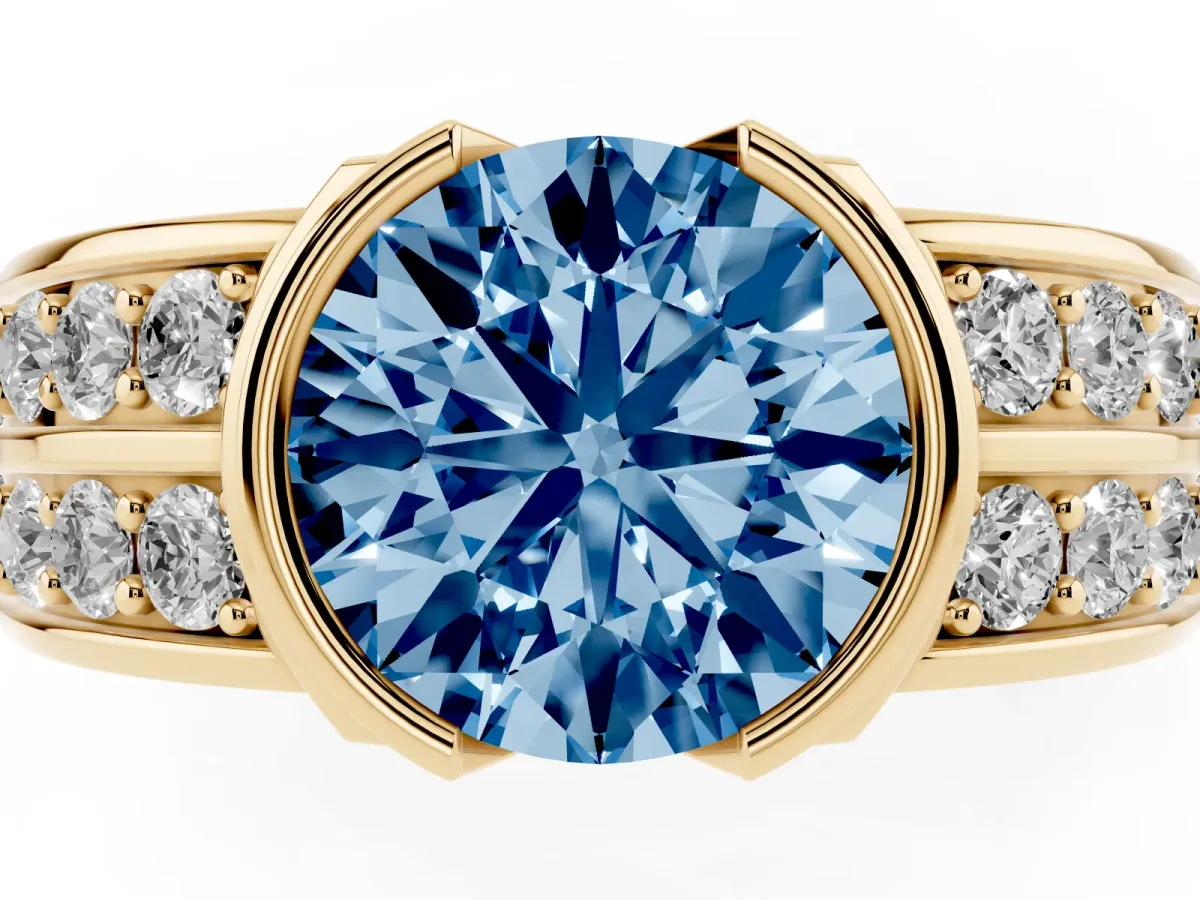 Fancy Blue Round Cut Brilliant Diamond Channel Set Wide Band Ring with Bezel Setting Yellow gold