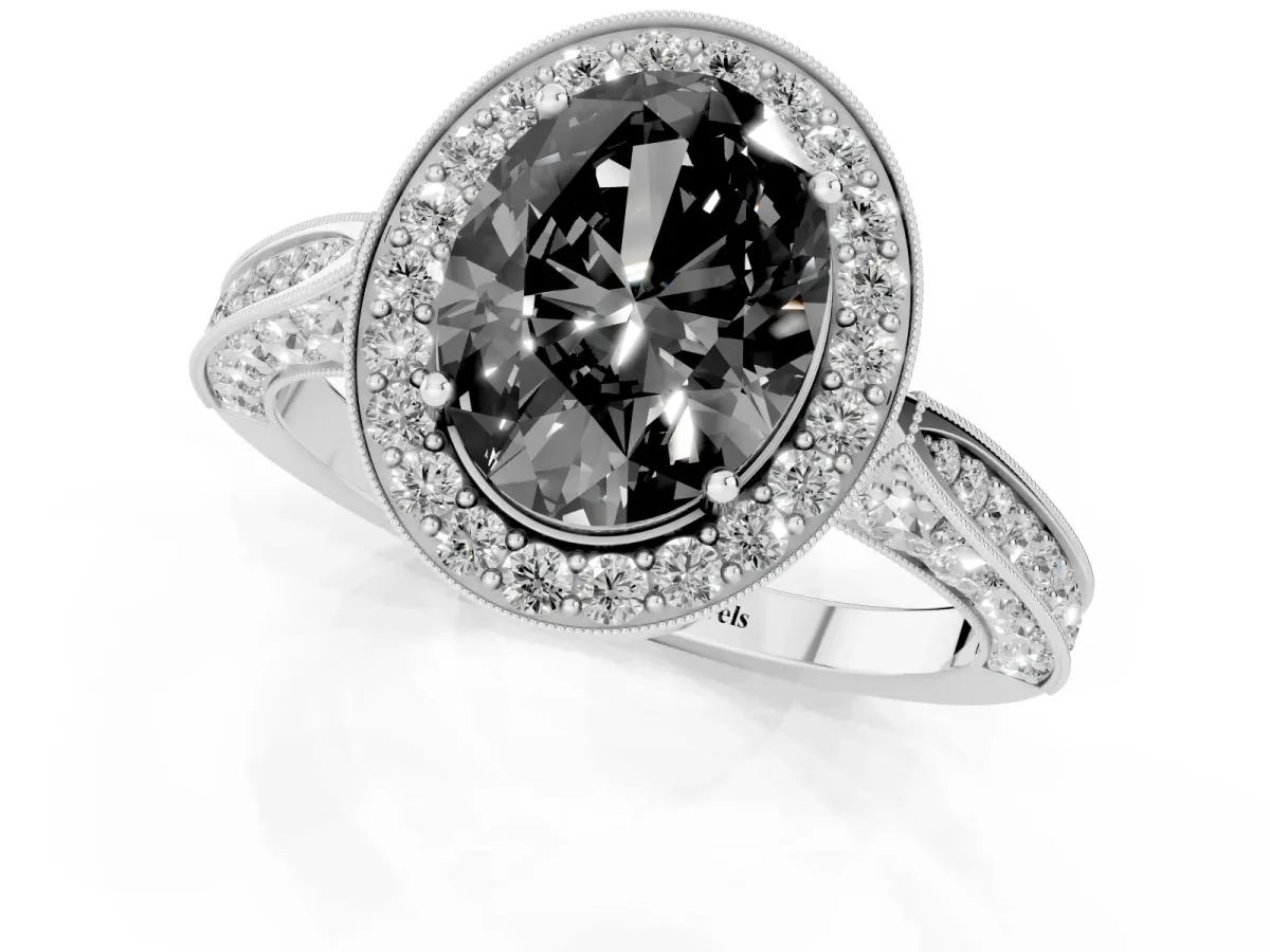 Fancy Black Oval Cut Halo Diamond Engagement Ring with Split Shank Band and Four-Prong Setting Silver